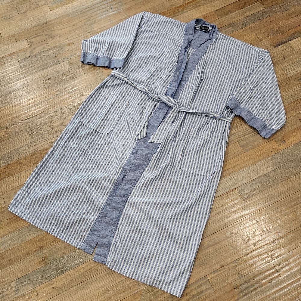 VTG Christian Dior Monsieur 100% Cotton Robe Mens One Size Kimono Blue Stripes